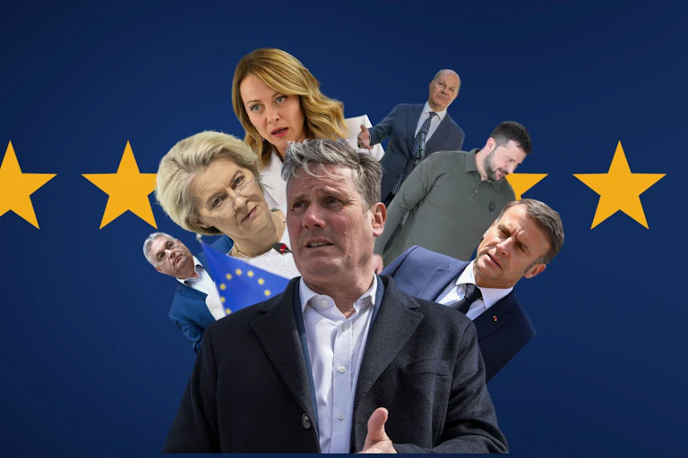 Keir Starmer in front of a blue flag with gold stars. Around him (from left to right) is Viktor Orbán, Ursula von der Leyen, Giorgia Meloni, Olaf Scholz, Volodymir Zelensky, and Emmanuel Macron.