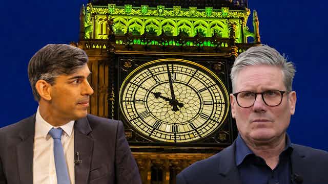 Rishi Sunak and Keir Starmer in front of Big Ben as it shows 10pm.
