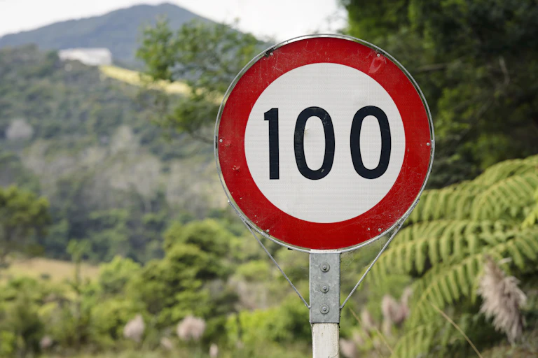 A 100 Km/hour speed limit sign in rural New Zealand.