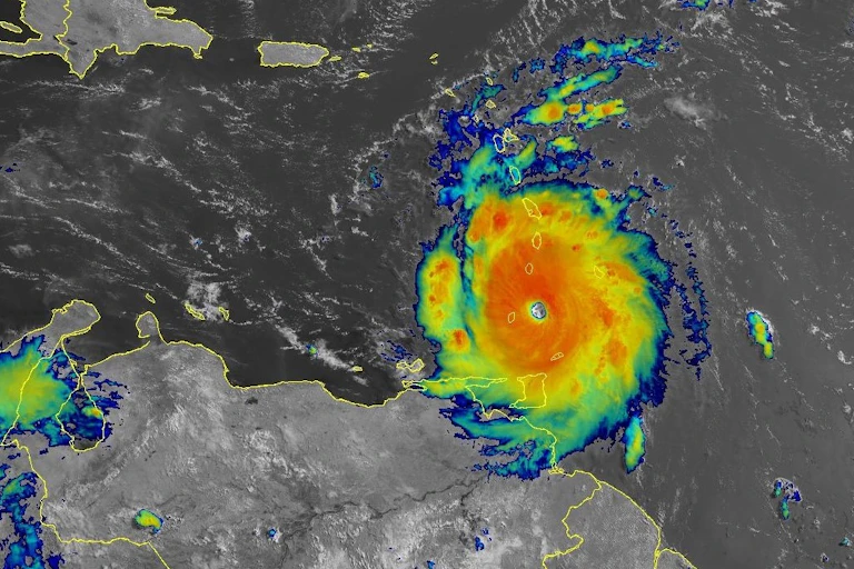 A satellite image of Hurricane Beryl approaching the Windward Islands.