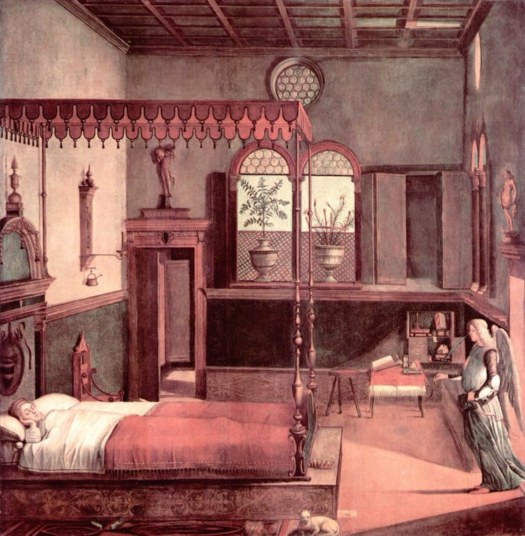 Painting of someone in bed.