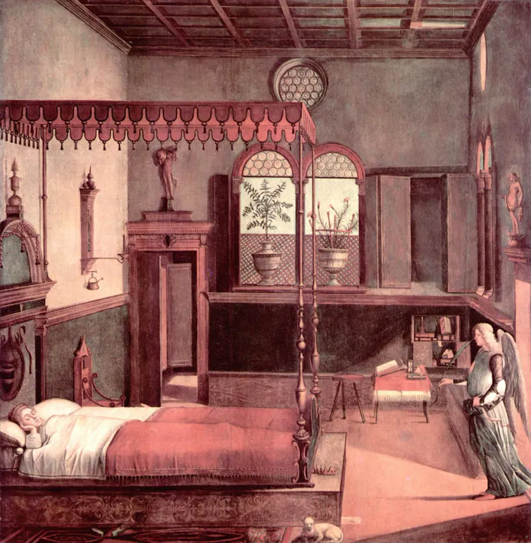 Painting of someone in bed.
