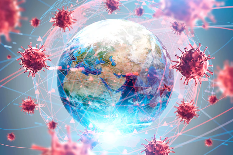 An illustration of COVID viruses surrounding the globe.