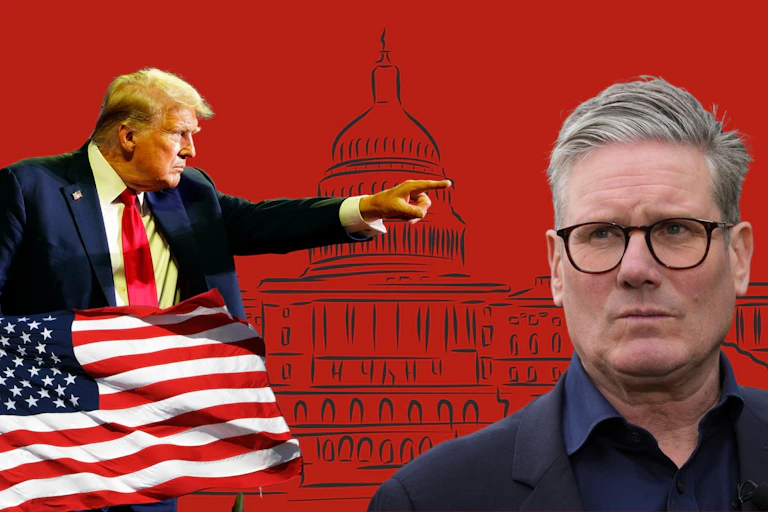 Donald Trump points at Keir Starmer from an American flag outside the White House.