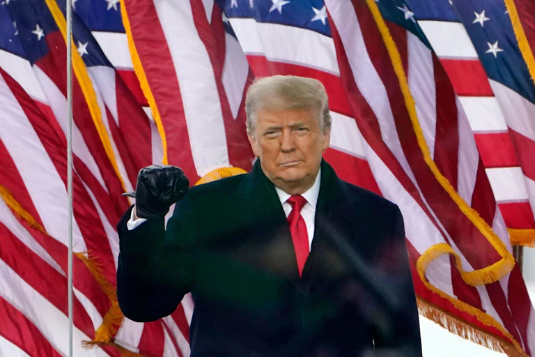 Donald Trump speaking to supporters before they marched on the capitol, January 2021.