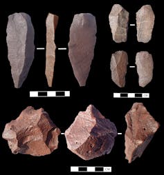 Photographs of stone tools found at Narrabeb with black and white scale bar in centimetres (stone tool sizes range from 2-10cm).