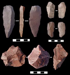 Photographs of stone tools from Narabeb alongside a black and white scale bar with cm gradations (tools are 2 to 10 cm in size).