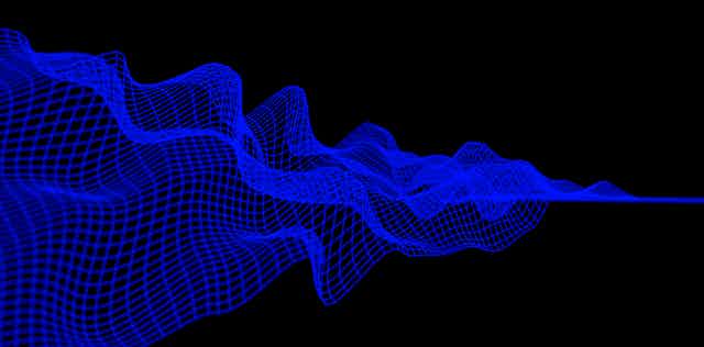 An abstract digital blue grid network on an empty black background 