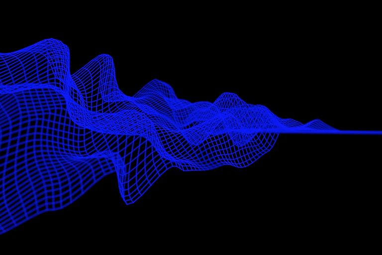 An abstract digital blue grid network on an empty black background