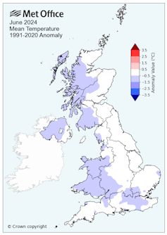 Annotated temperature map of UK