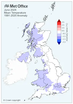 Annotated temperature map of UK