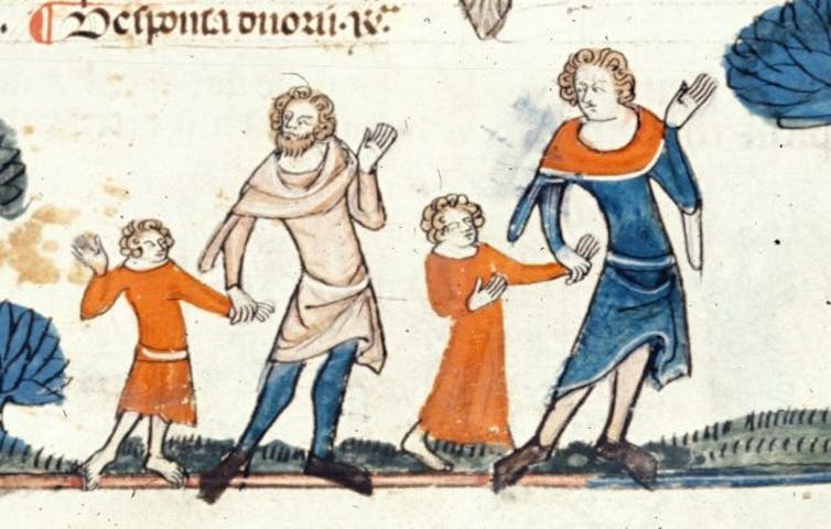 Parents holding hands with children in a medieval illustration