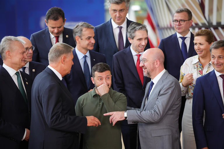 Ukrainian president Volodymyr Zelensky suronded by EU heads of state, June 2024.