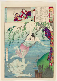 painting of a woman swimming away from an attacker