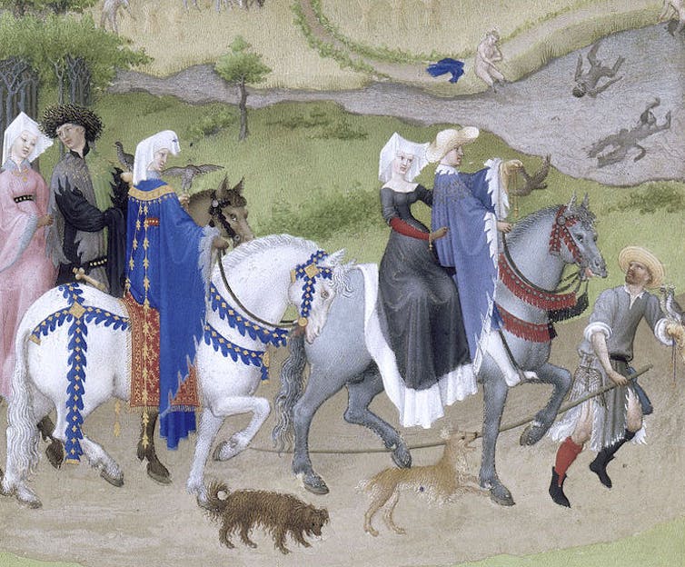 A medieval painting showing a royal procession and nude swimmers in the background