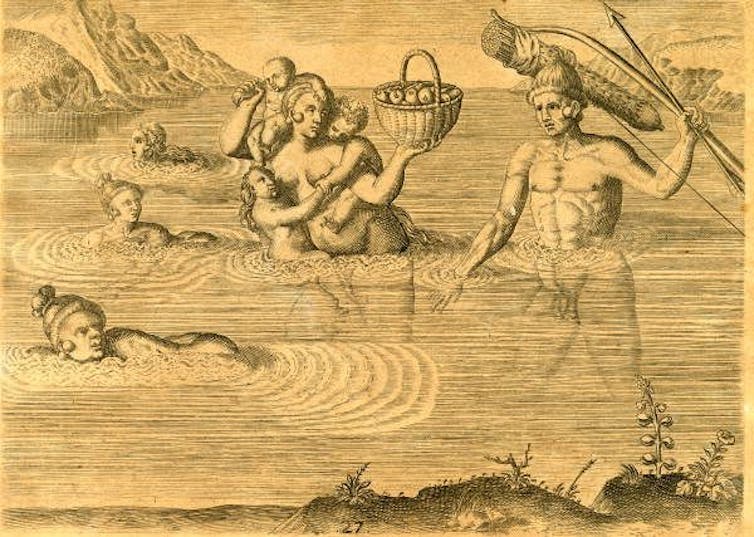 Engraving of naked people swimming in a lake.