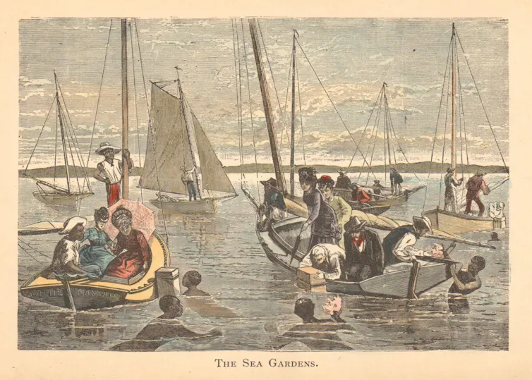 Illustration of white people in boats and black people swimming