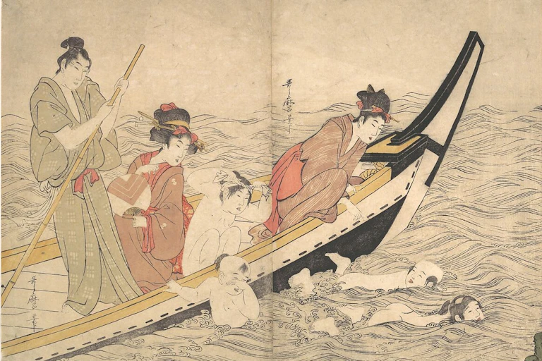 Japanese print showing children jumping out of a boat to swim while adults watch on
