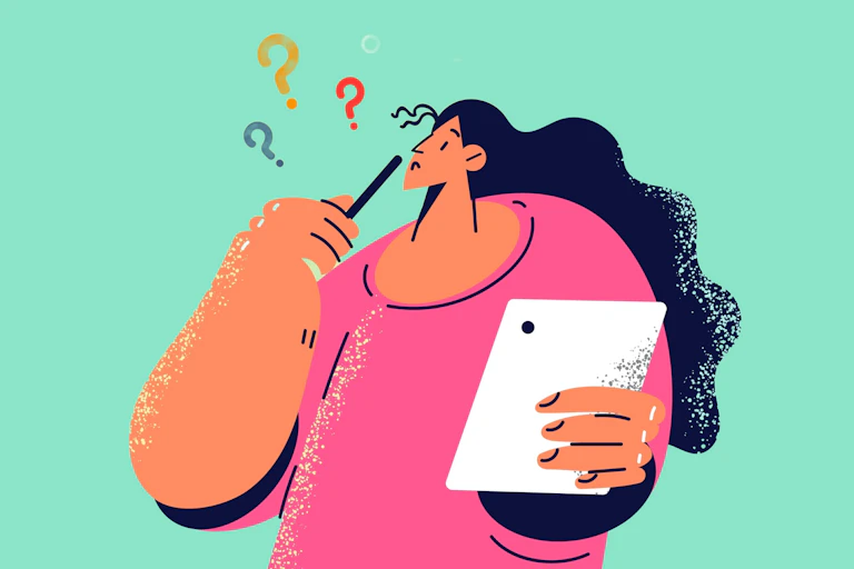 Illustration of a woman searching her mind for a word.