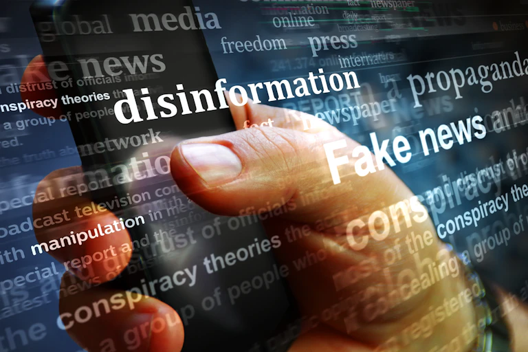 A composite photo shows a hand holding a phone with the words disinformation, fake news and propaganda surrounding the phone.