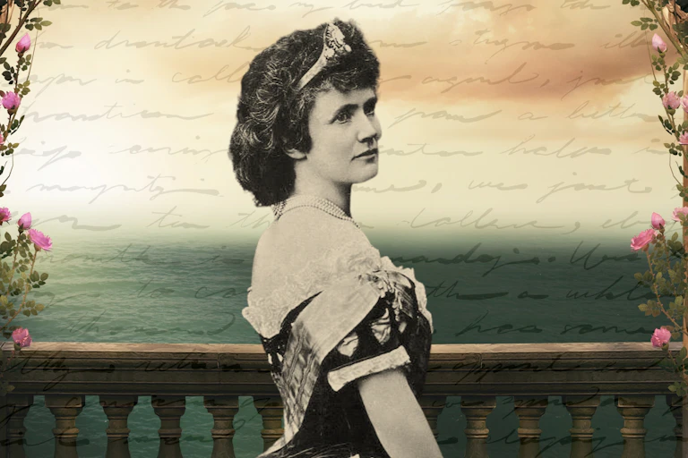 Black and white picture of a young queen, collaged in front of a balcony