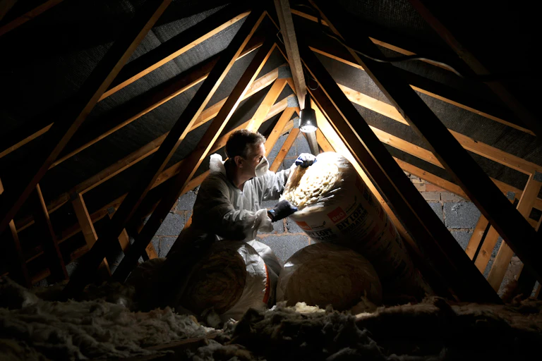 A person installs rolls of loft insulation.