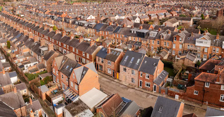 An aerial view of terraced housing.