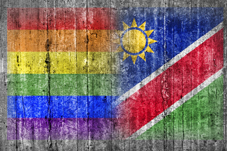 A graphic of a rainbow flag and a Namibian flag joined together.