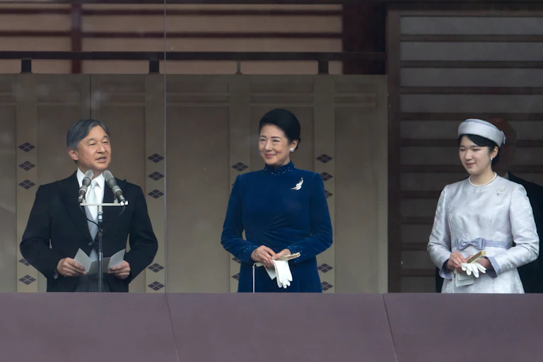 Emperor Naruhito of Japan with Empress Masako and their daughter Aiko pose for a photo on the balcony of Imperial Palace in Tokyo, Japan, 23 February 2024.
