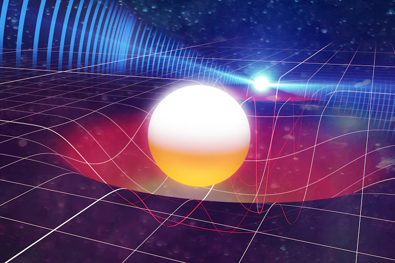 Illustration showing two orbiting stars against a background of warped spacetime.