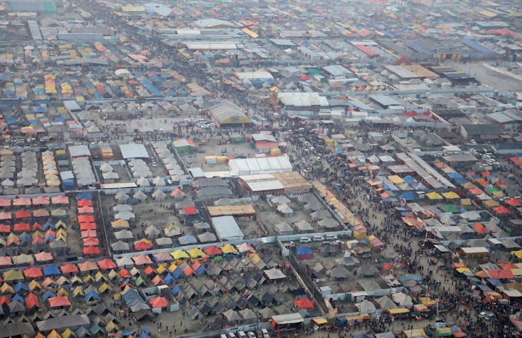 An aerial view of a large temporary city in India.