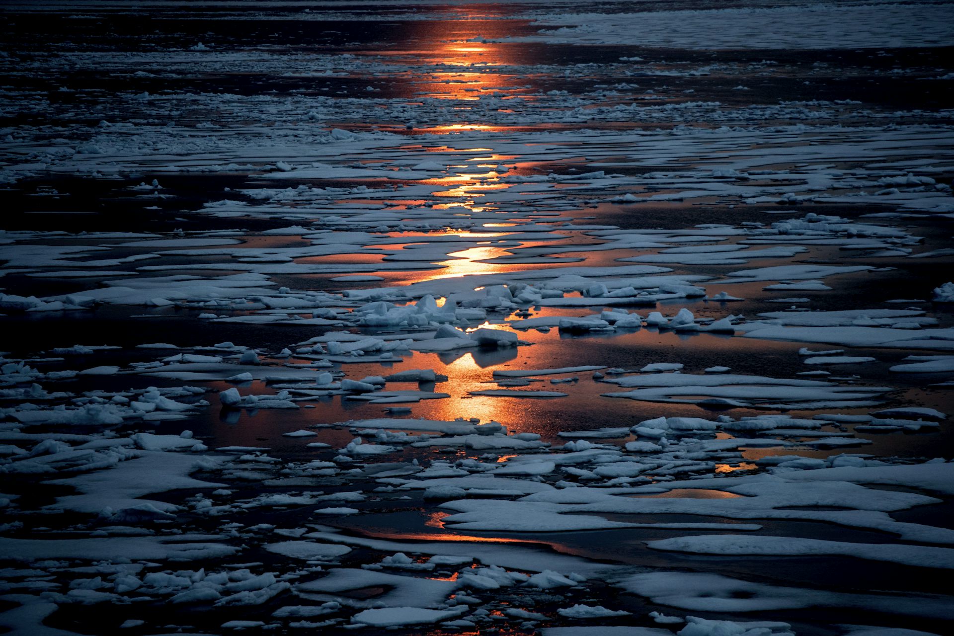 The low sun shines an orange band onto floating sea ice.