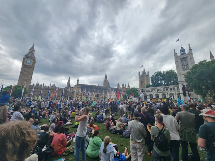 crowds in front of London parliament buildings, protest abnners in support of nature action.