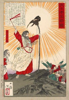 Depiction of a bearded Jimmu with his bow and the golden kite.