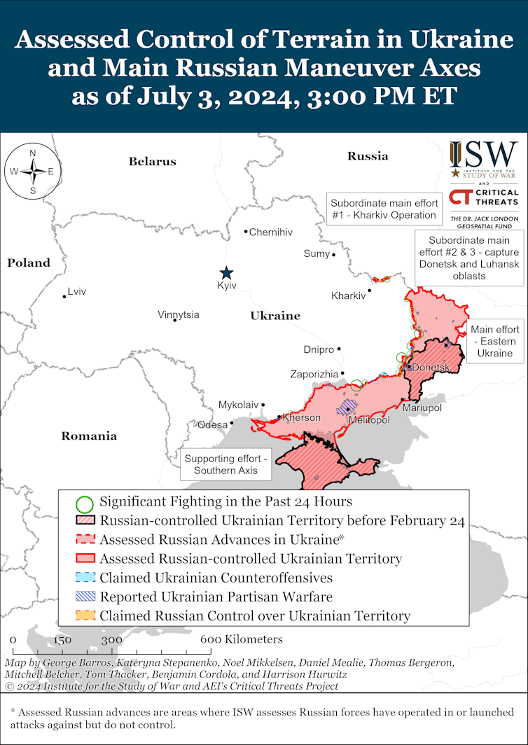 The state of the conflict in Ukraine according to the Institute for the Study of War as at July 3 2024.