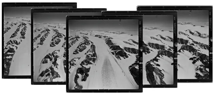 Overlapping black and white images looking down at a glacier and mountain landscape.
