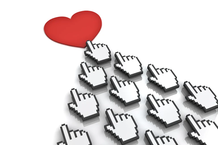 a red heart with a stream of finger-clicking icons heading towards it