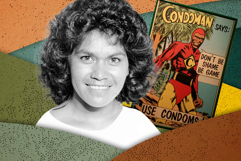 Aunty Gracelyn Smallwood and the front cover of Condoman campaign poster with a muted earthy abstract colour palette int he background