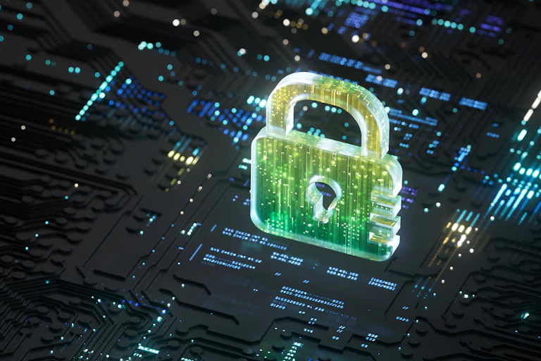 A digital rendering of a lock glowing over lines of computer code