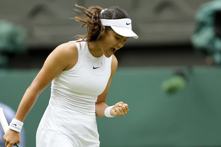Emma Radacanu celebrating a win at Wimbledon