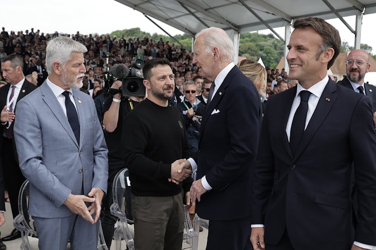 France's President Emmanuel Macron, US President Joe Biden, Ukrainian President Volodymyr Zelensky and Czech President Petr Pavel at D-Day celebrations in France, June 2024.
