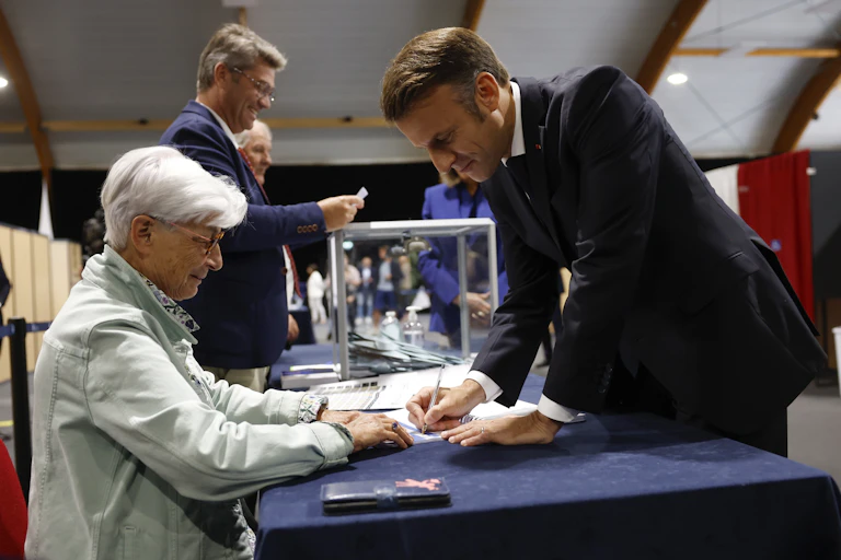 Frendh president, Emmanueol Macron, votes in the run-off ballot in the French election, July 2024.