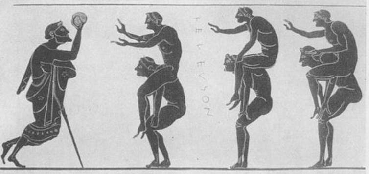 A painting of men playing a ball game.