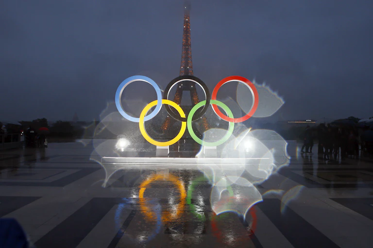 The Olympic rings are shown on Trocadero plaza that overlooks the Eiffel Tower.