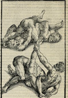 A drawing of two men wrestling.