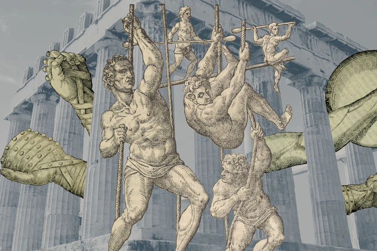 Drawings of ancient athletics with a photo of Greek ruins in the background