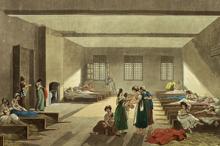 Bare room with low ceilings and pallets of straw along the walls, separated by boards, for beds. Women and two babies in the room. Title, artists', and publisher's names below.