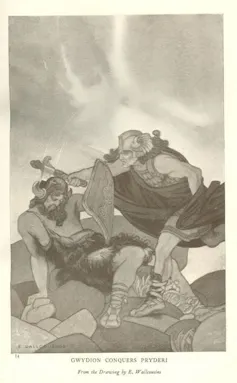 A illustration showing an ancient scene whereby a man is hitting another man over the head with a weapon.