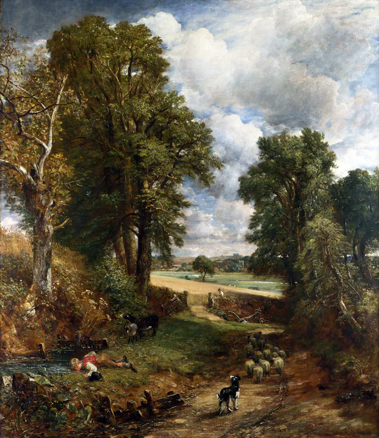 An oil painting of a rural scene.