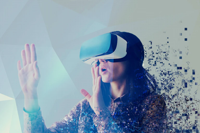 Photo of a woman wearing a virtual reality headset